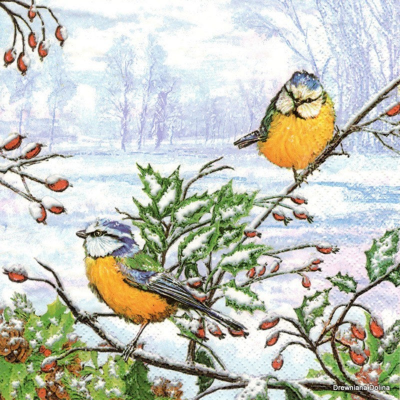 blue and yellow titmice on  pine branches with red berries in a snowy forest Decoupage napkins