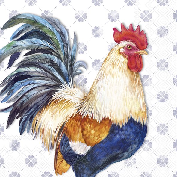 Blue and yellow rooster with red comb on whtie Decoupage napkins