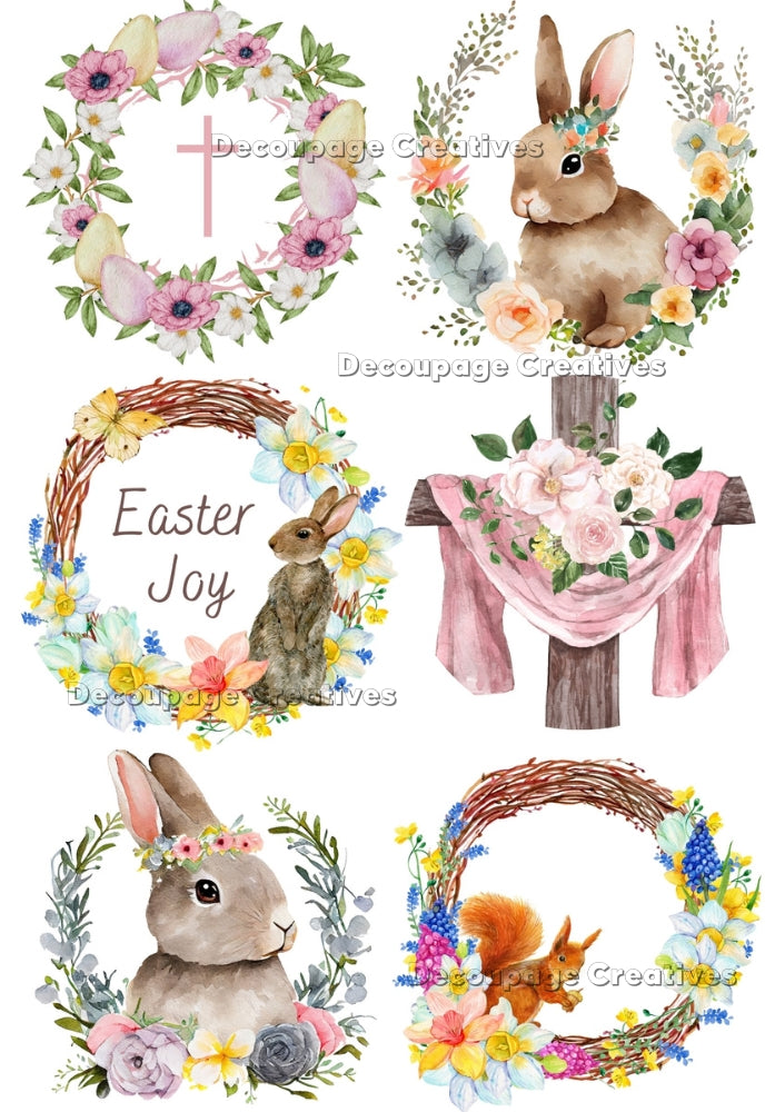 easter symbols like crosses and bunnies in wreaths decoupage paper by Decoupage Creatives