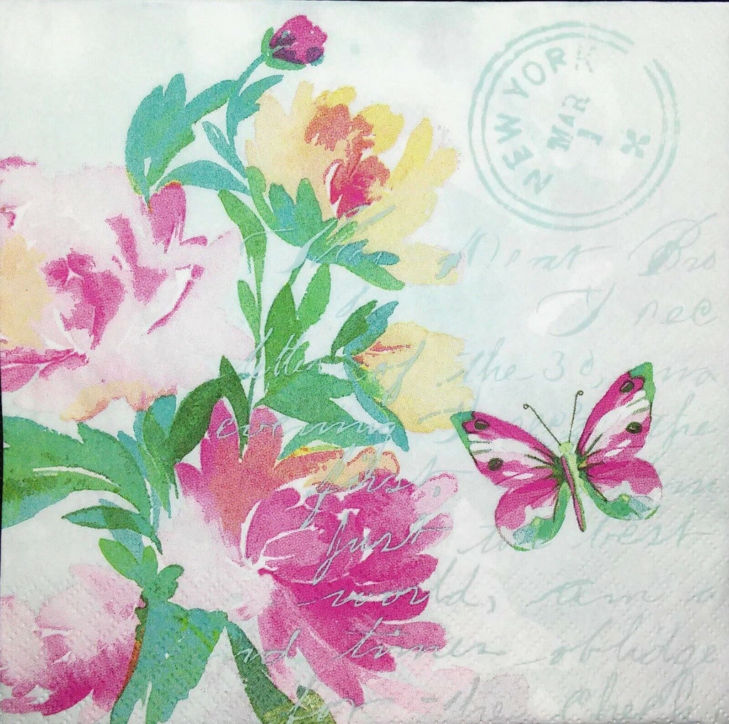pink and yellow blossoms in watercolor with pink butterfly on white with script and new york postal mark Decoupage napkins
