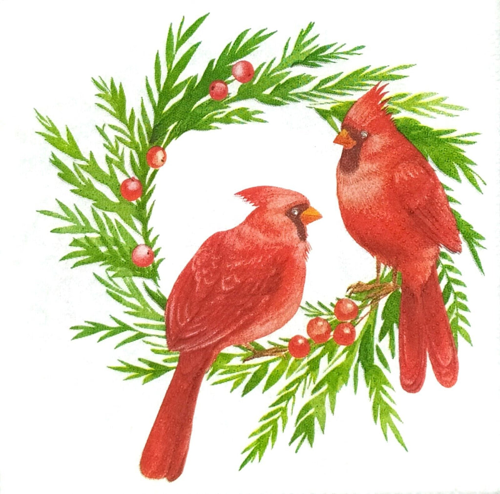 2 red cardinals on green pine wreath with red berries in watercolor Decoupage napkins