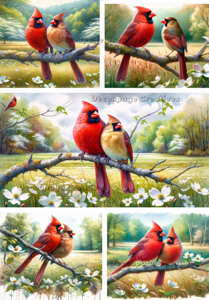 a cardinal couple on a branch in a meadow with white flowers decoupage paper by Decoupage Creatives