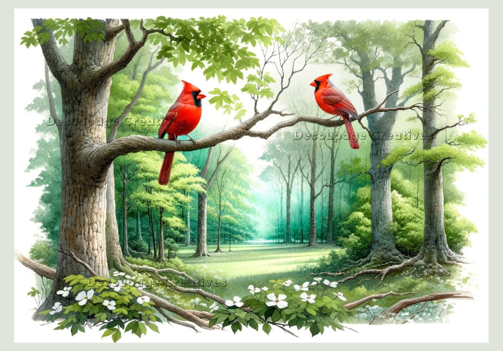 two red cardinal in a branch in the forest green decoupage paper by Decoupage Creatives