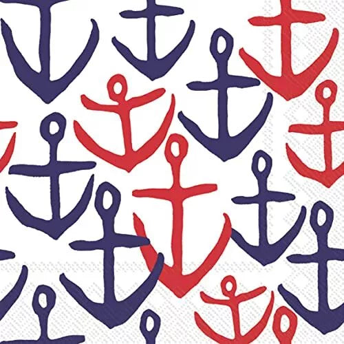 A paper napkin used for decoupage with nautical themed red white blue Anchors all over pattern.