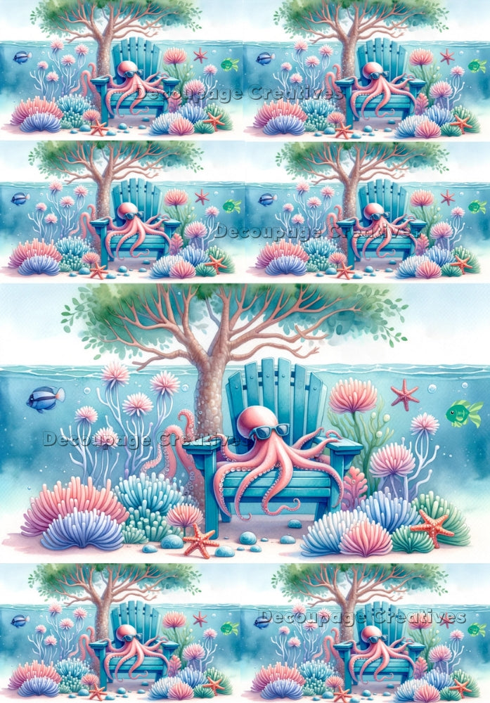 a pink octopus under a blue sea resting in a chair under a tree with sunglasses decoupage paper by Decoupage Paper Designs