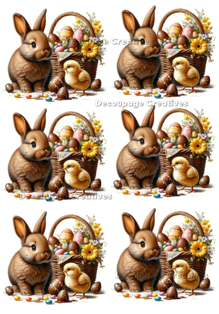 brown bunny next to an Easter Basket with chocolate eggs and a yellow chick decoupage paper by Decoupage Creatives