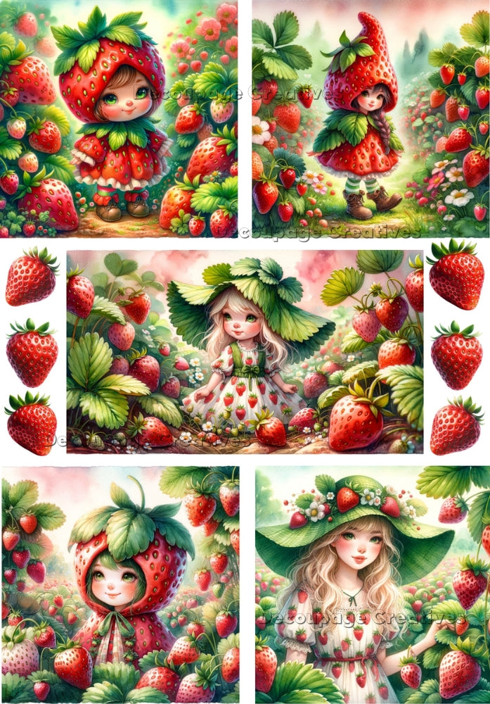 cute scenes of strawberry sprites young elves dressed in red strawberries decoupage paper by Decoupage creatives
