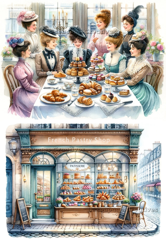decoupage paper of colorful victorian women around a french pastry table and and image of a vintage french pastry store front by decoupage creatives
