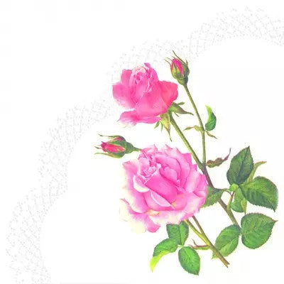 Pink Rose stems floral. Round paper napkin for decoupage.