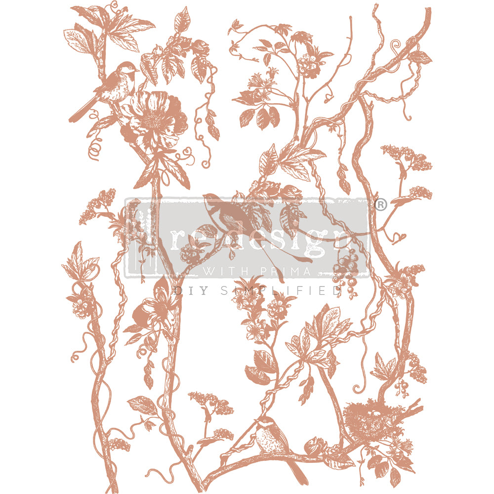 Copper Foil Kacha - Bird Watching 18"x24" ReDesign Prima Decor Transfer. Pattern with Birds on floral branches.