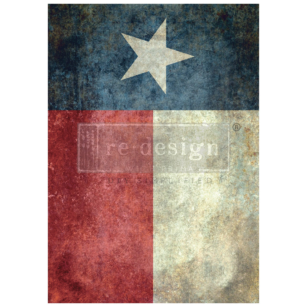 Large Texas flag pattern with star and red white blue. ReDesign with Prima's A1 size Tear Resistant Decoupage Paper combines fabric-like durability with exceptional flexibility.
