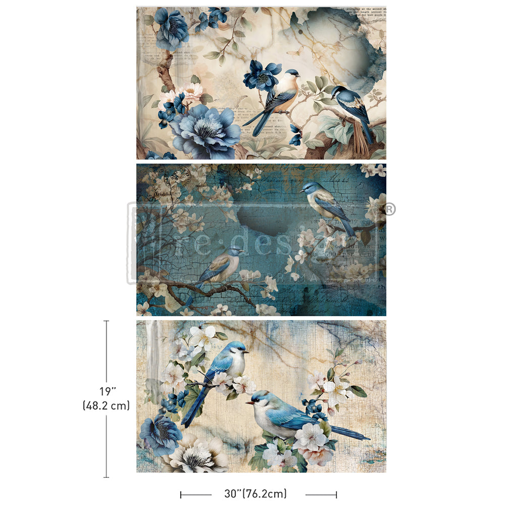 Sapphire Wings ReDesign with Prima Decoupage Tissue Paper set of 3 designs. Images of Blue birds on white floral branches.