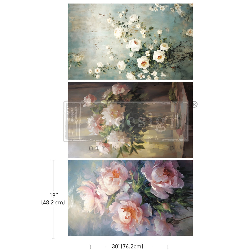 Bountiful Beauty ReDesign with Prima Decoupage Tissue Paper set of 3 designs. Each has white or pink roses.