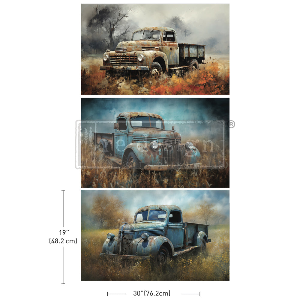Wheels of Time ReDesign with Prima Decoupage Tissue Paper set of 3 designs. 3 images of vintage trucks in a meadow.