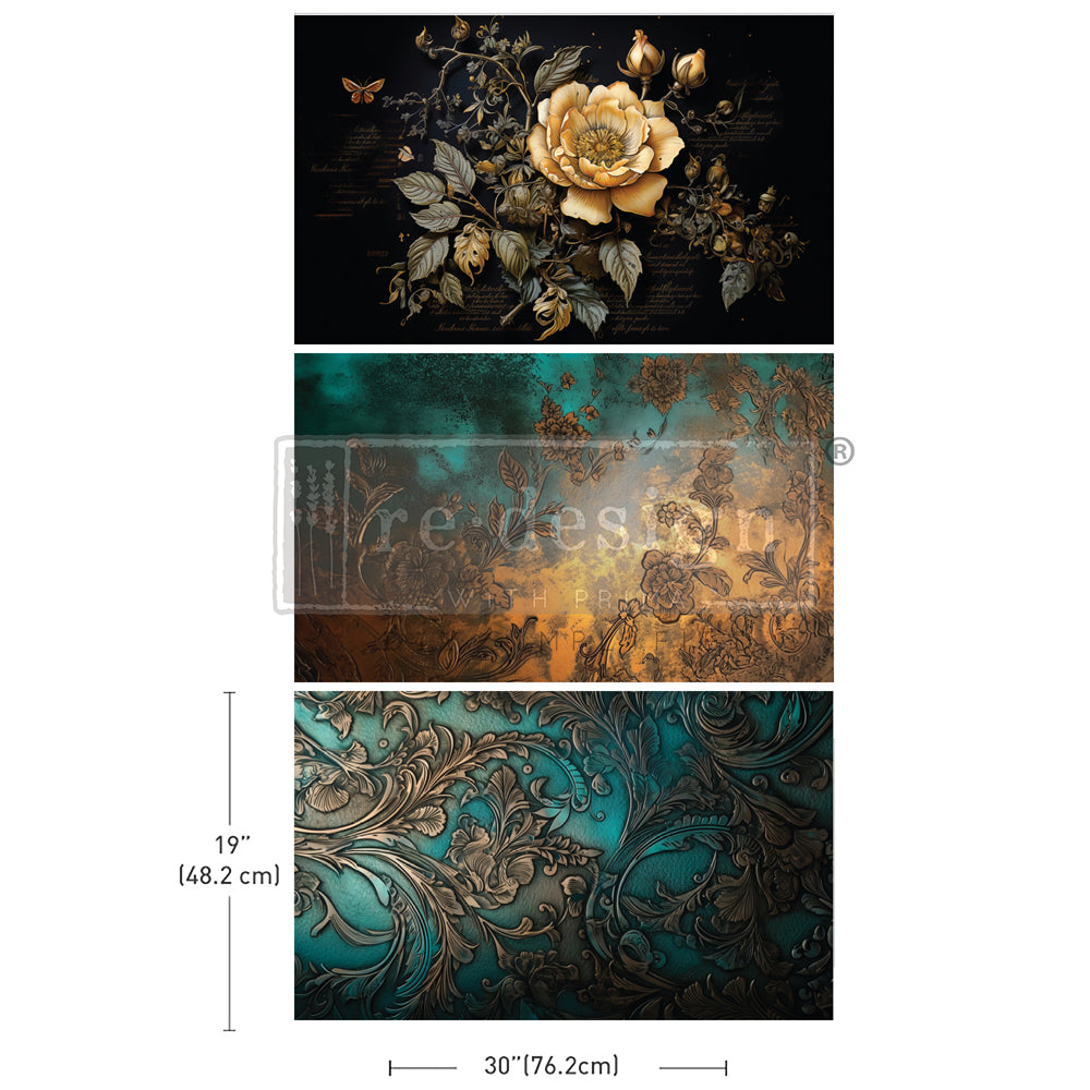 etals Adorned ReDesign with Prima Decoupage Tissue Paper set of 3 designs. Florals on metallic pattern.