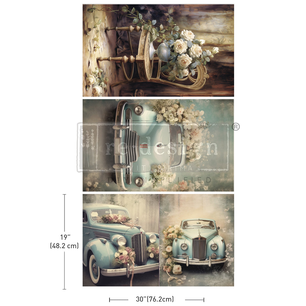 Tear-resistant Retro Rose Ride ReDesign with Prima Decoupage Tissue Paper set of 3 designs. Blue vintage rolls royce cars covered in white rose florals.