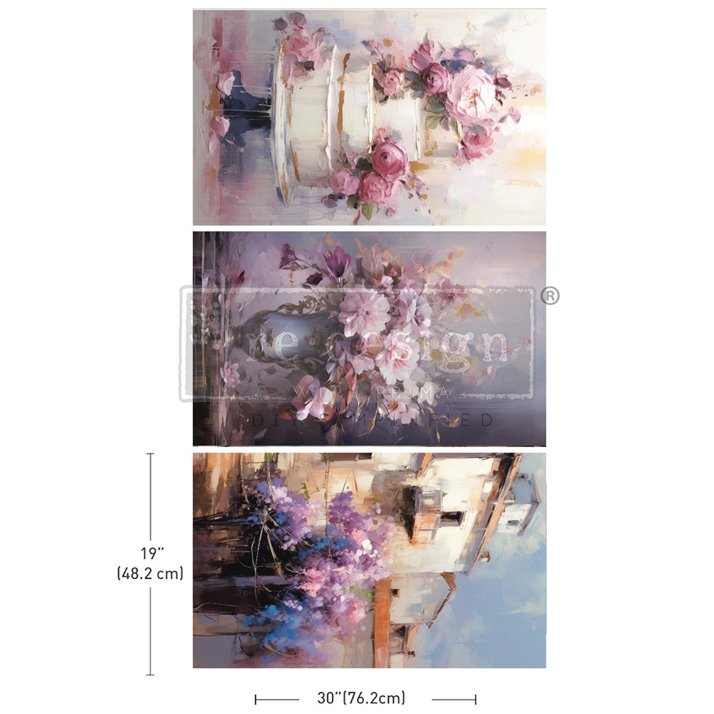 Tear-resistant Lilac Lush Celebration ReDesign with Prima Decoupage Tissue Paper set of 3 designs. White layer cake with pink roses. Vase with roses. Rose garden.