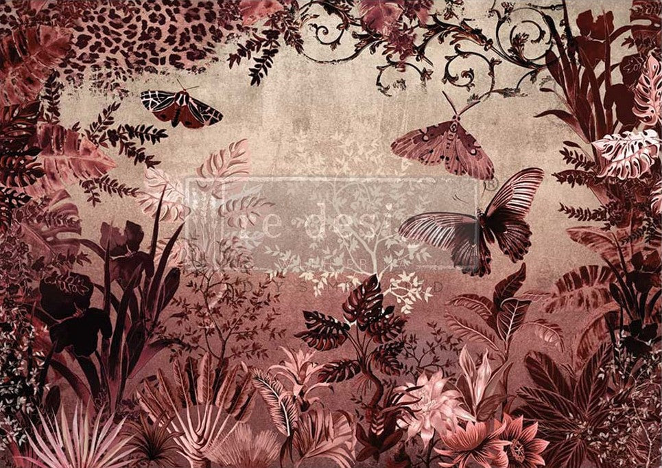 Sepia and burgundy butterflies and tropical foliage. A1 Fiber Paper for Decoupage by ReDesign with Prima.