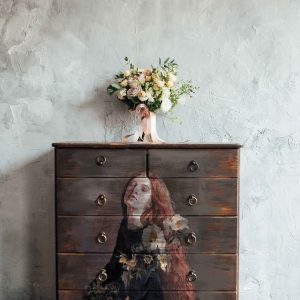 Dresser with image of girl with long red hair. A1 Fiber Paper for Decoupage by ReDesign with Prima.