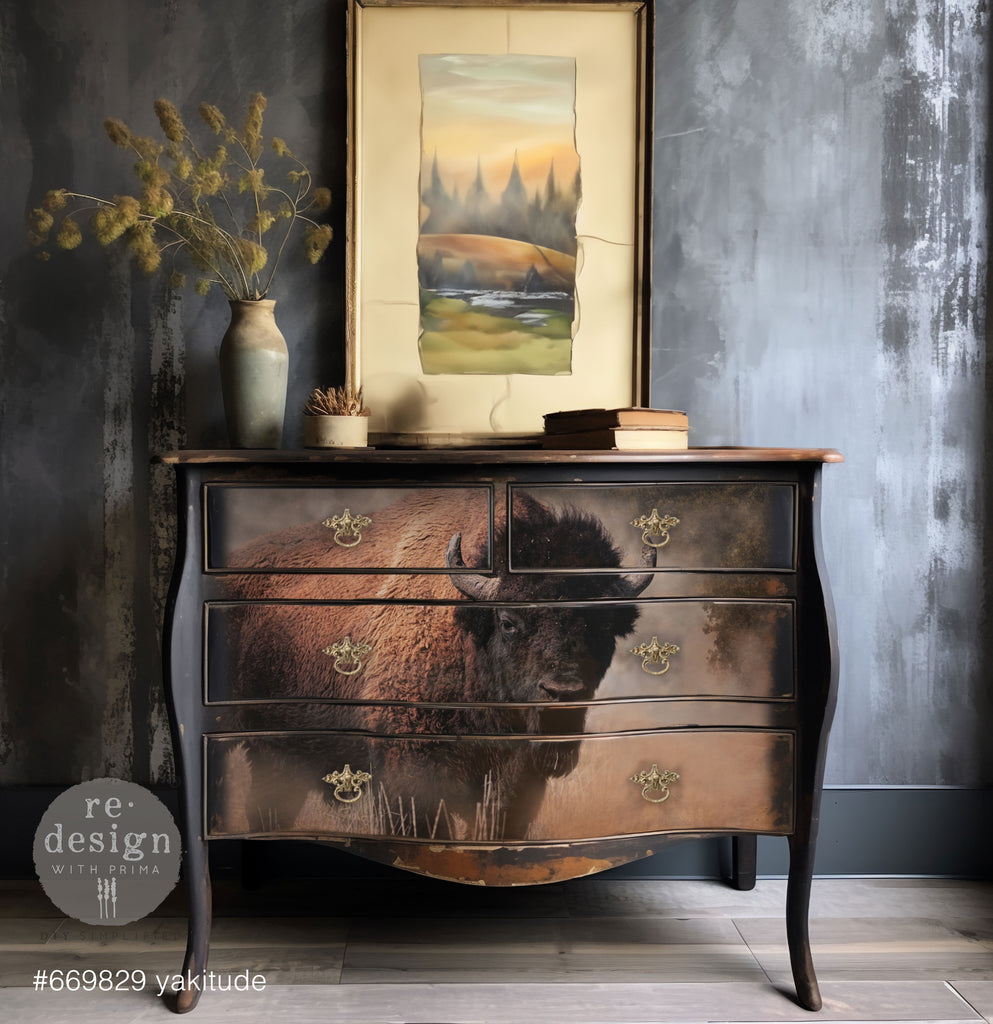 Bison in field design. Tear Resistant Decoupage Fiber Paper - A1 Size for Furniture Upcycle
