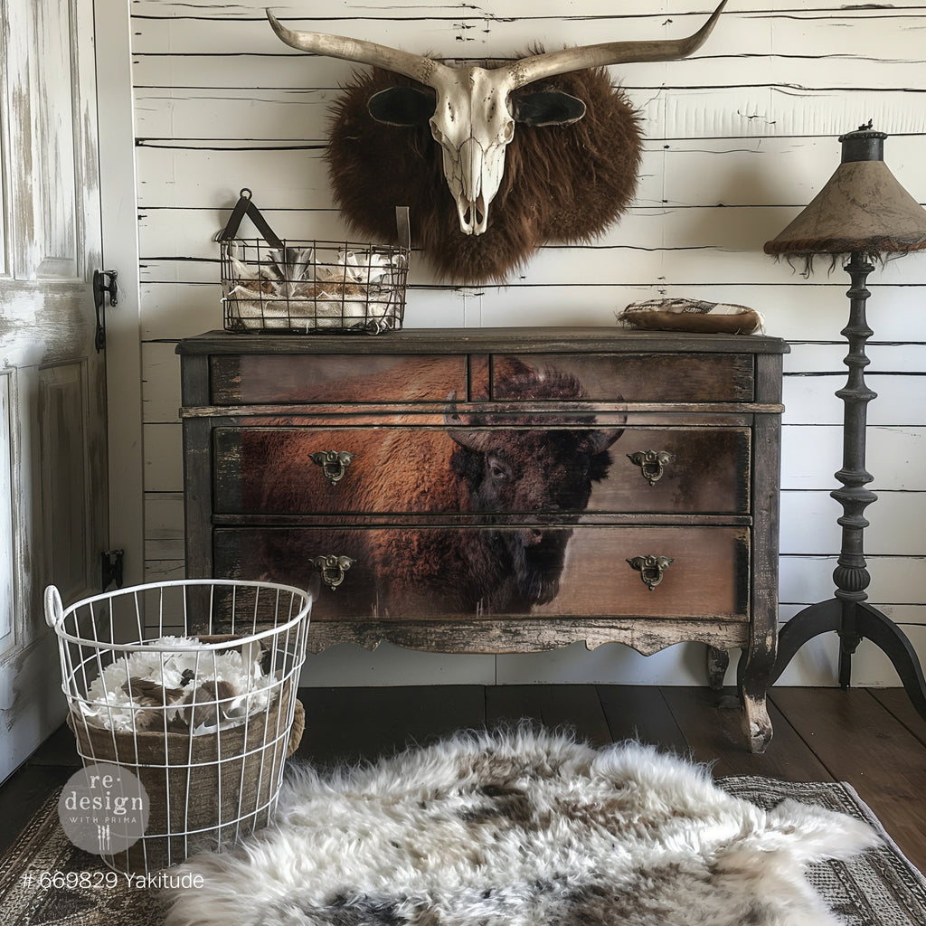 Bison in field design. Tear Resistant Decoupage Fiber Paper - A1 Size for Furniture Upcycle
