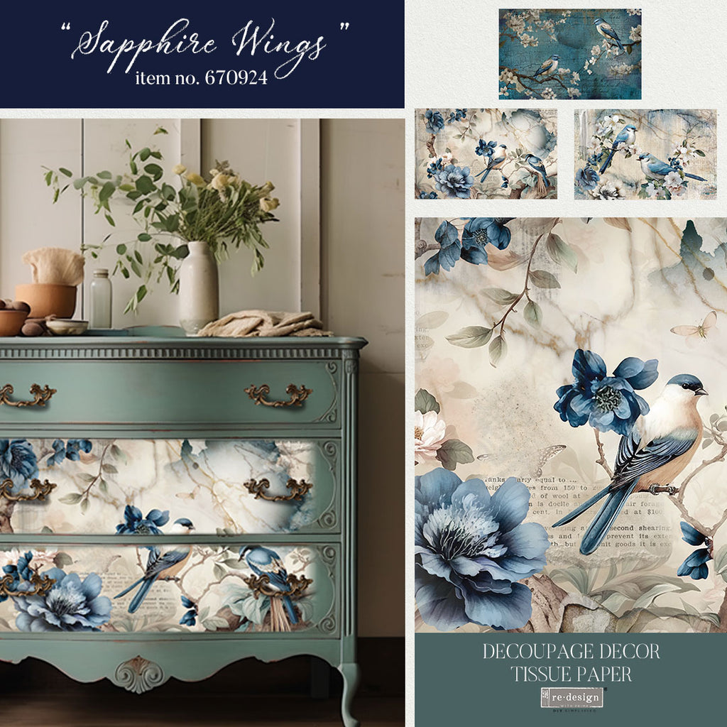 Blue Birds on blue flowers pattern. Sapphire Wings ReDesign with Prima Décor Tissue Paper