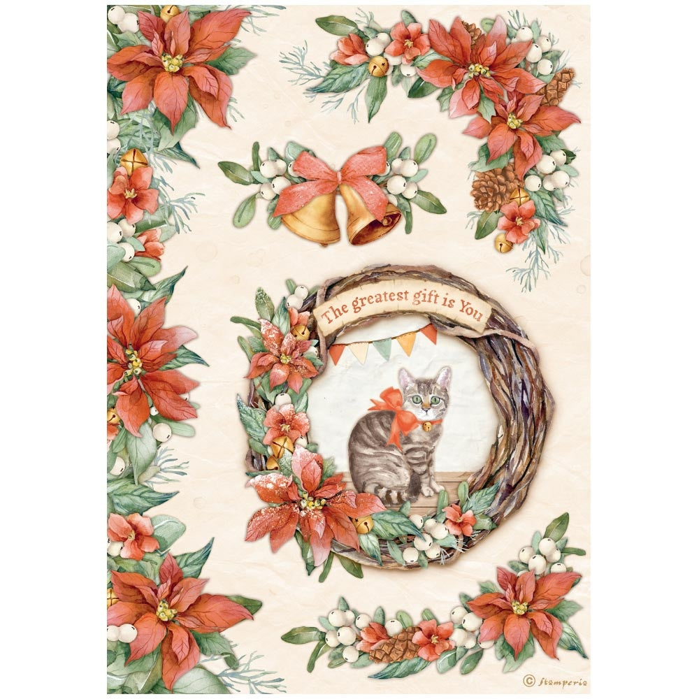 Red poinsettia garlands. Cat in wreath and bells. Chrismas themed Beautiful All Around Christmas Garland Stamperia A4 Rice Papers are of Exquisite Quality for Decoupage crafts