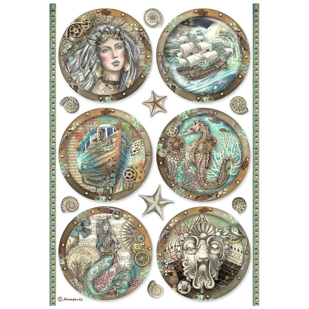 Six nautical scenes in rounds with mermaid and ships in brown and teal. Stamperia high-quality European Decoupage Paper.