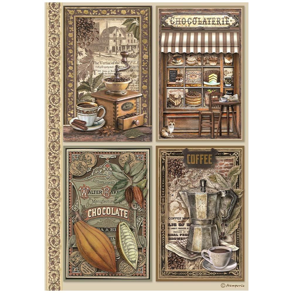 Four scenes of Vintage coffee cups and grinder with script. Stamperia high-quality European Decoupage Paper.
