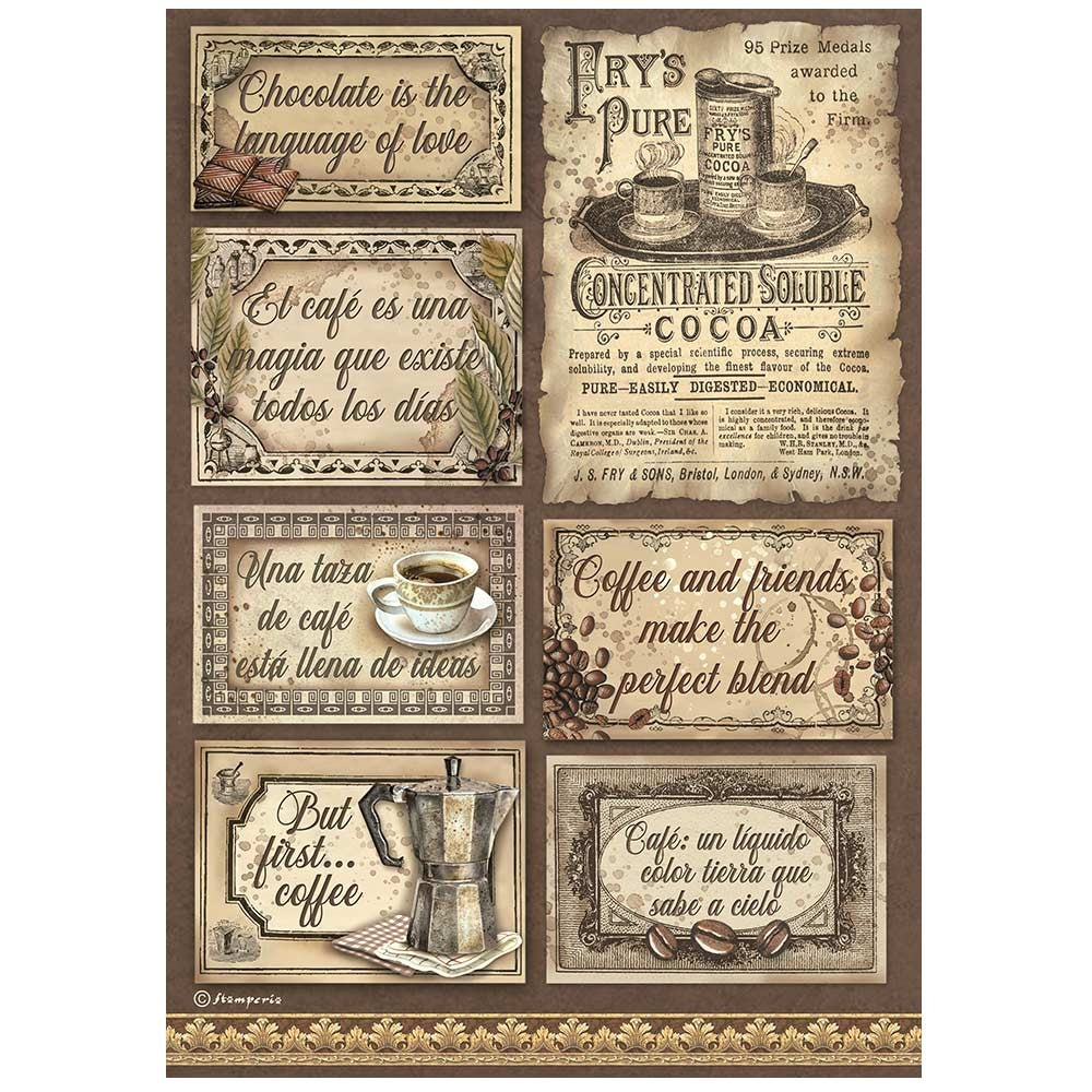 Vintage coffee cups and grinder with script. Stamperia high-quality European Decoupage Paper.