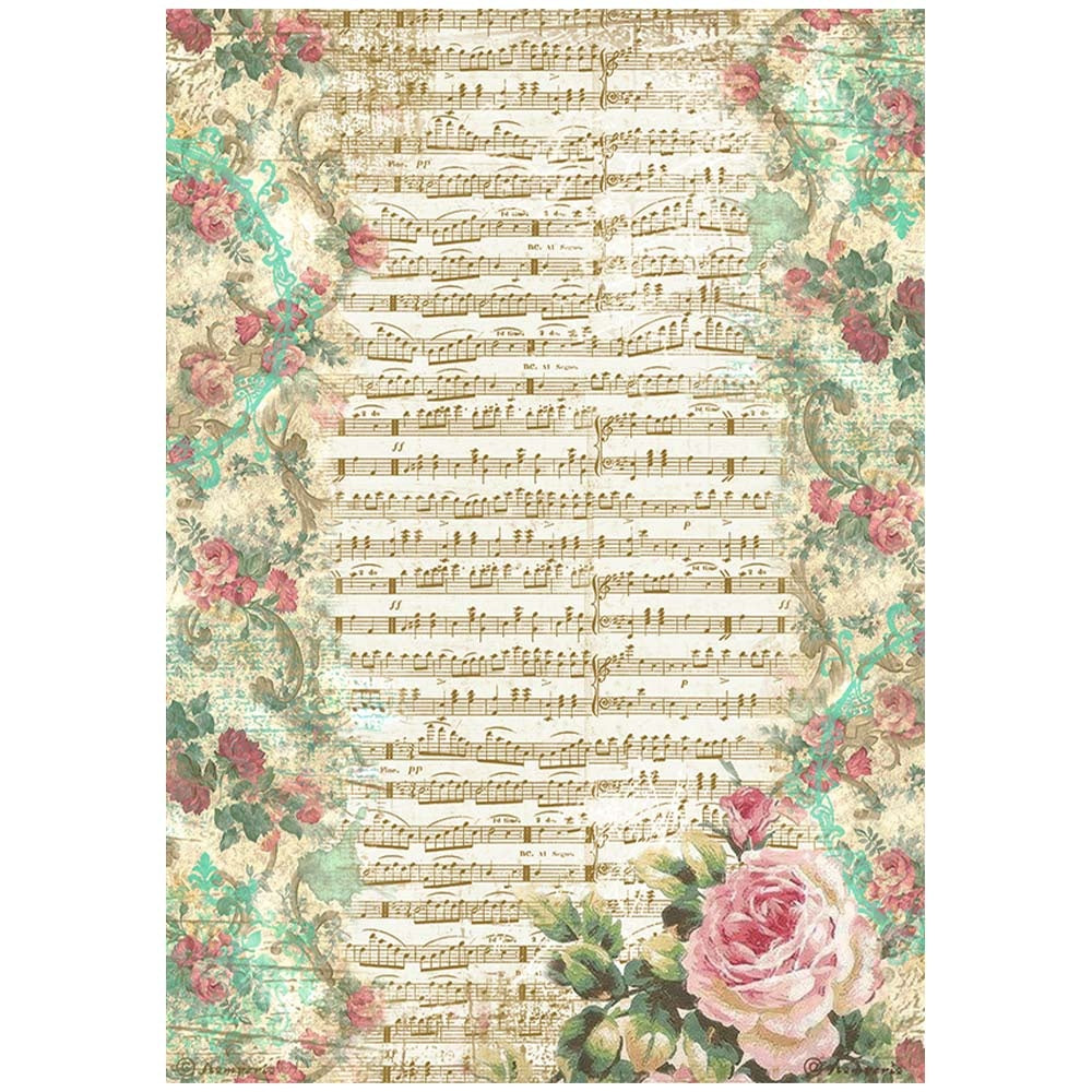 Music notes on staff with pink rose floral border. Stamperia high-quality European Decoupage Paper