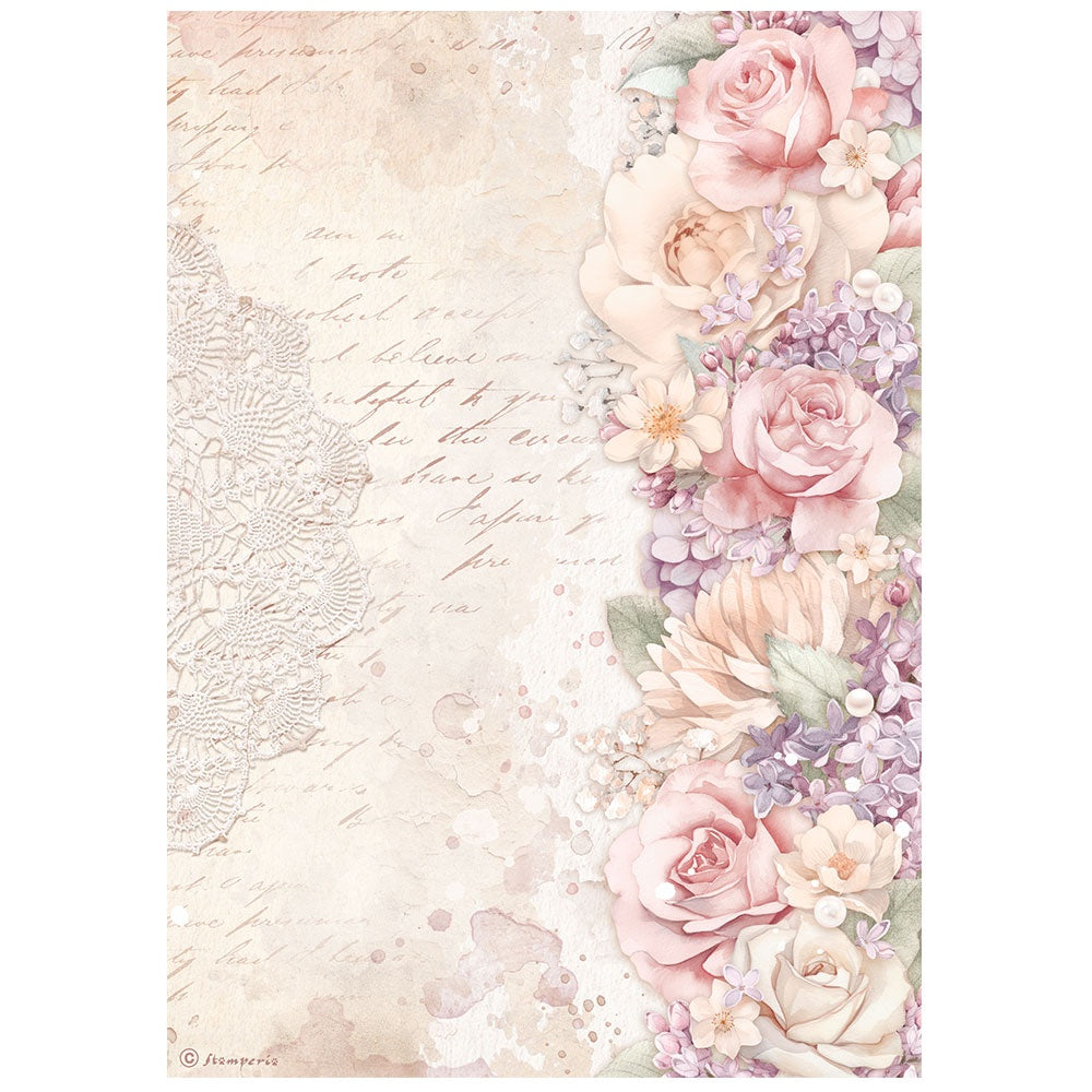 Peach and pink florals and white lace. Stamperia high-quality European Decoupage Paper.