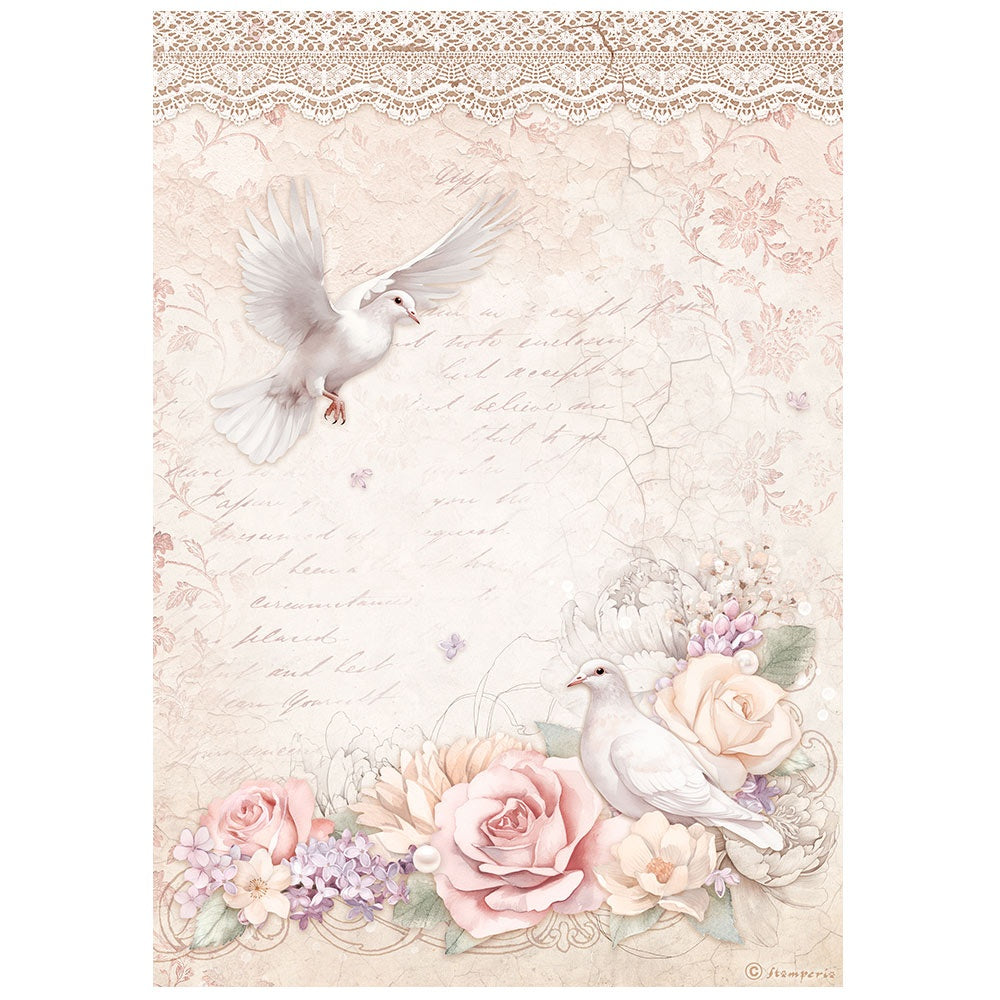 Peach and pink florals with two doves. Stamperia high-quality European Decoupage Paper.