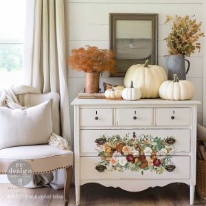 vintage autumn flowers in a bouquet Autumnal Bliss Maxi Decor transfer from ReDesign witn Prima on white dresser with white pumpkins on top