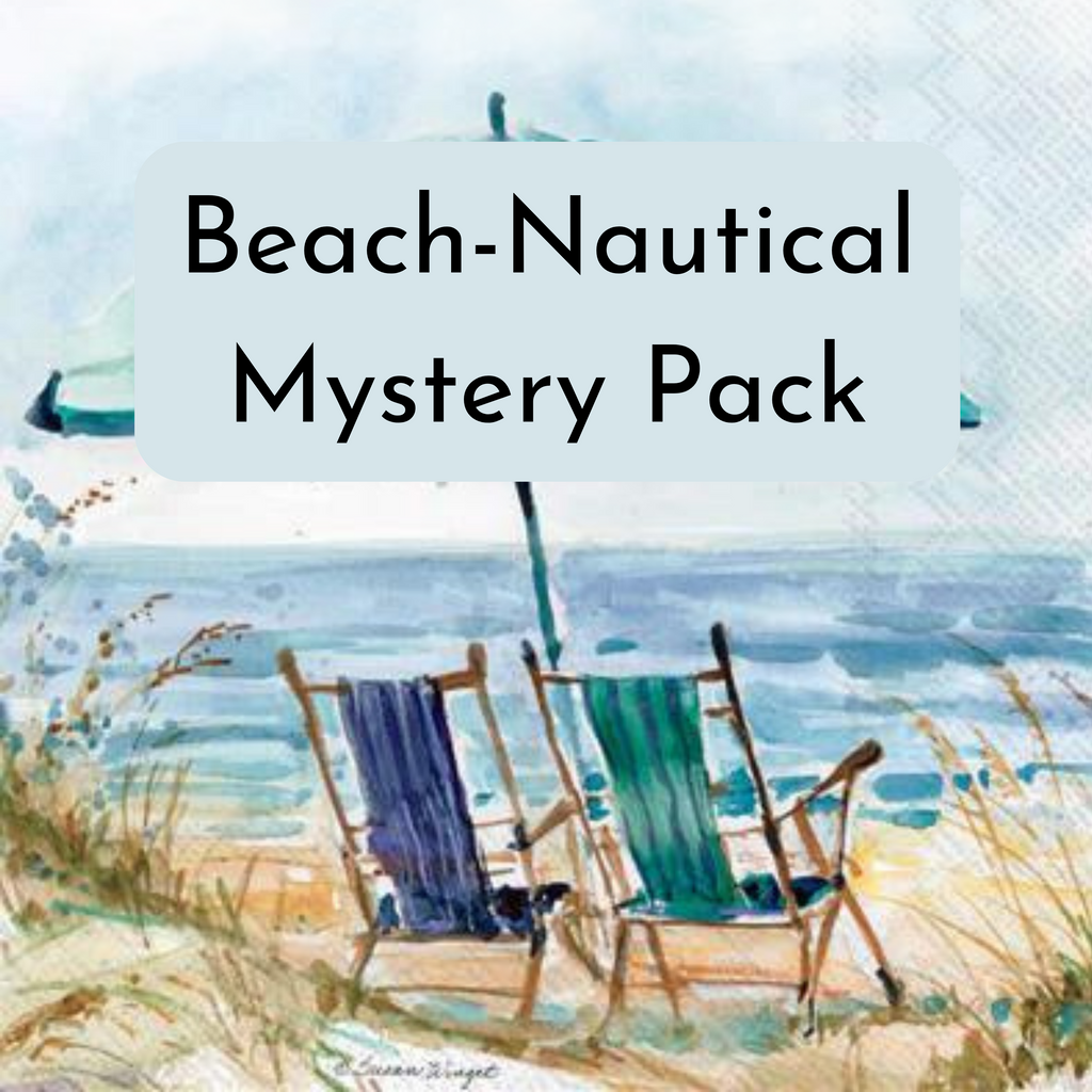 Blue and green beach chair by ocean. Beach Nautical themed Mystery Variety Surprise Decoupage Napkin Pack 10/Pkg.