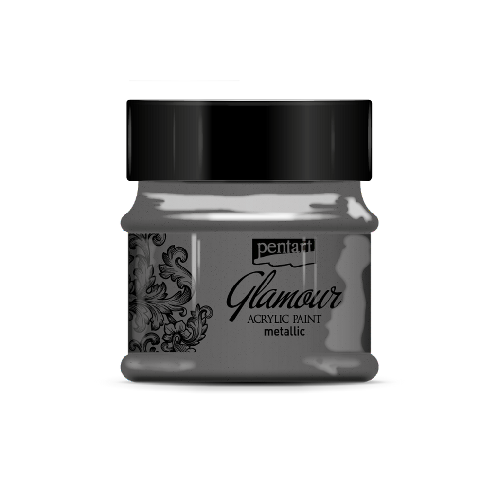 Black Silver  Glamor Metallic paint in clear jar with black top from Pentart
