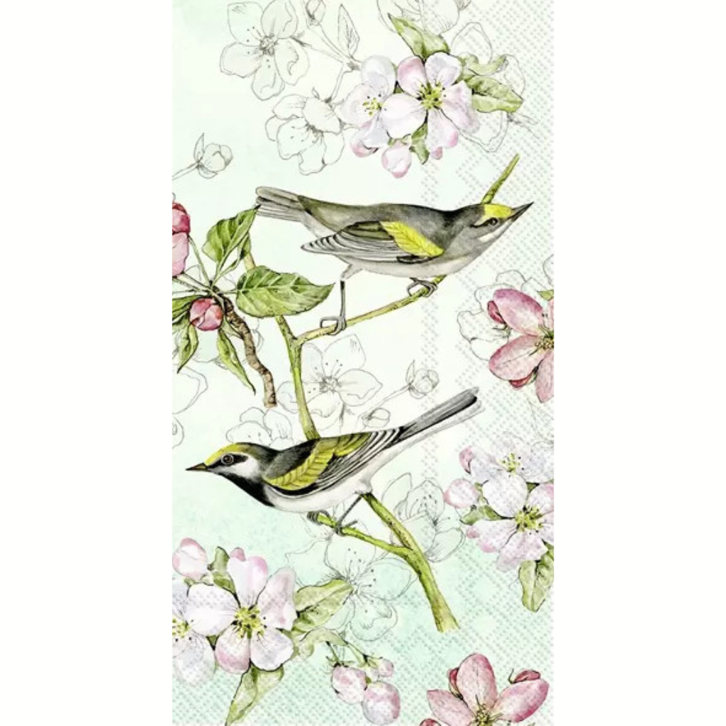 white and grey birds with yellow trim feathers on branches with white flowers Decoupage Craft Paper Napkin for Mixed Media, Scrapbooking