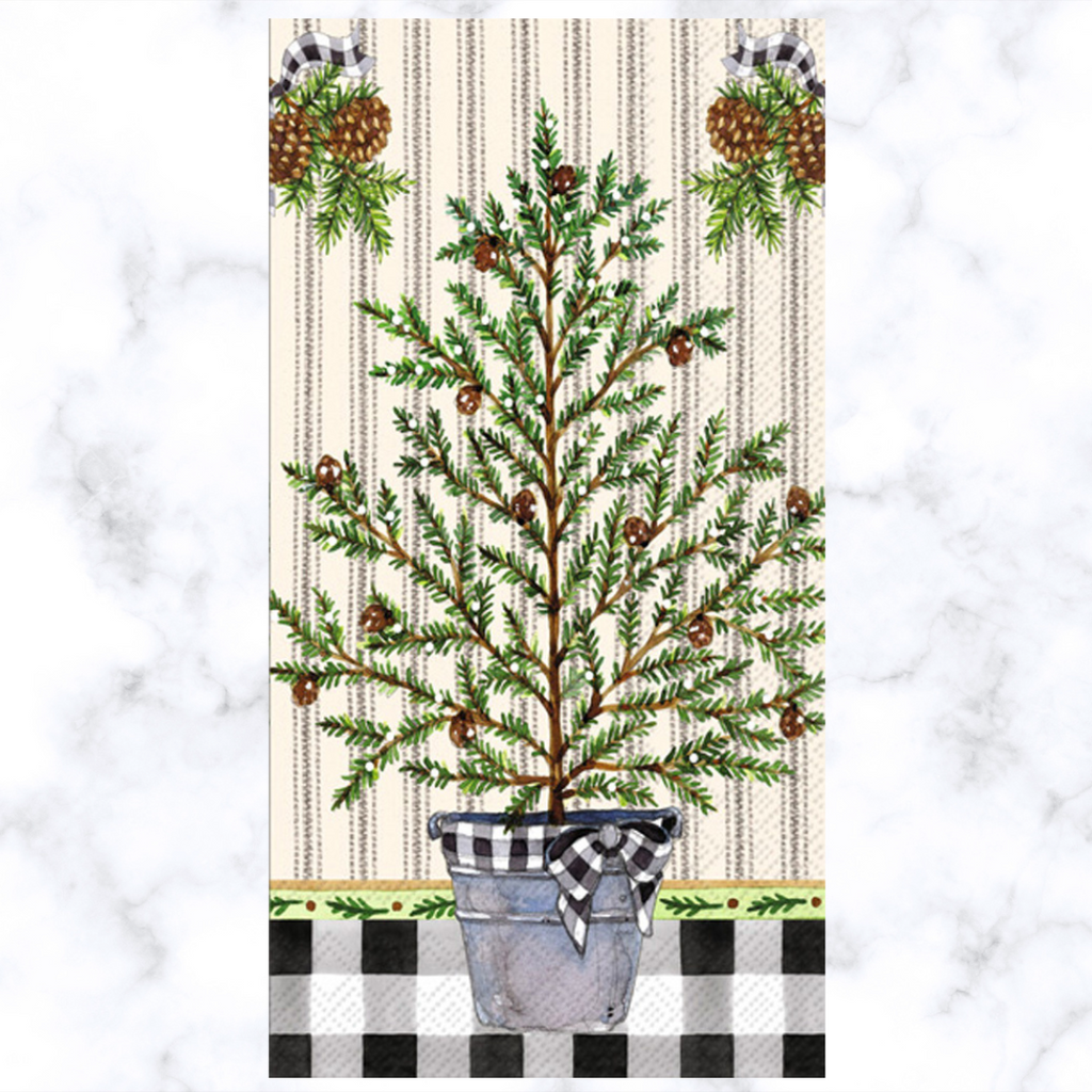 thinly decorated Christmas tree with pine cones in gray planter Buffet Decoupage napkin