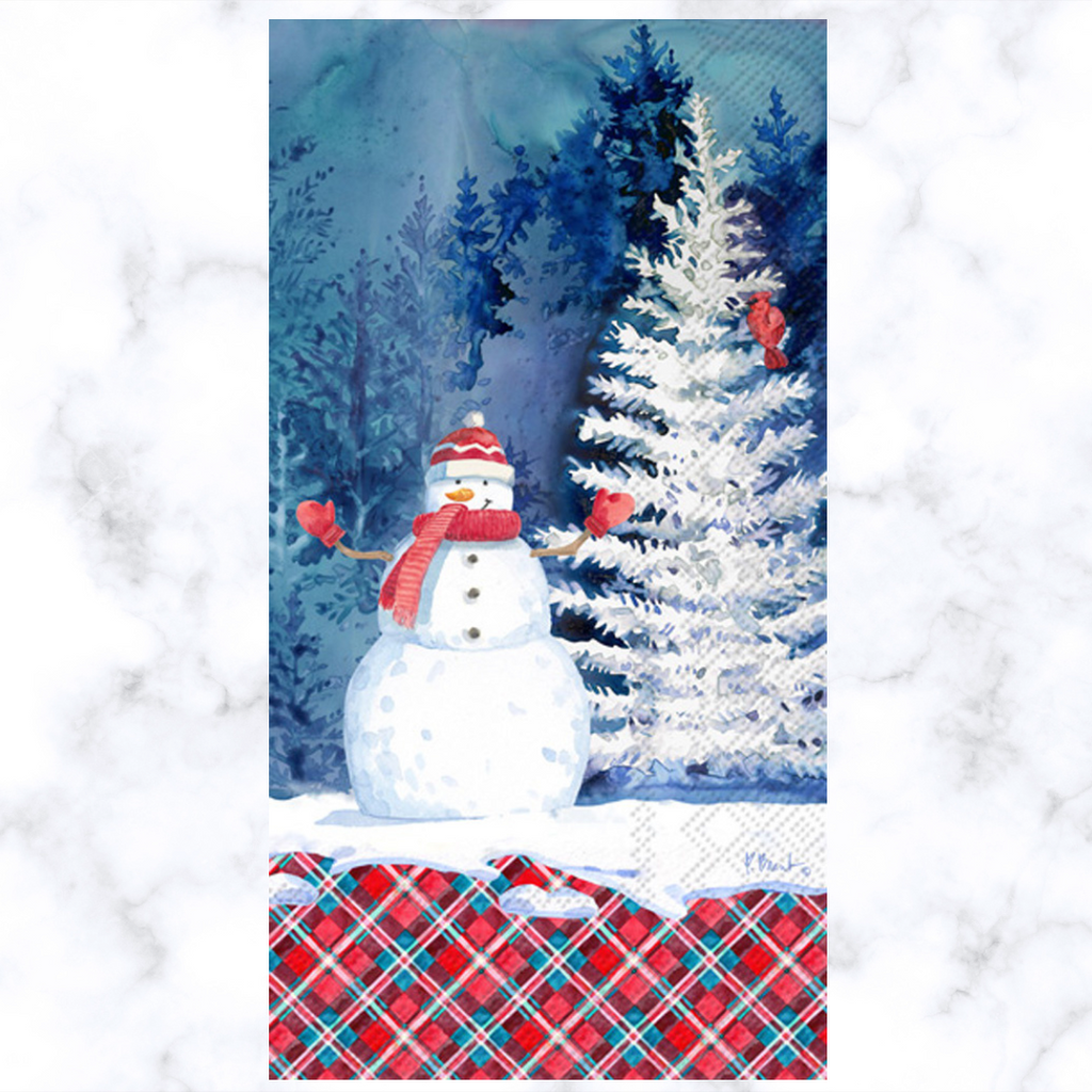 Snowman with red hat and red scarf in the forest at night in snow Buffet Decoupage napkin
