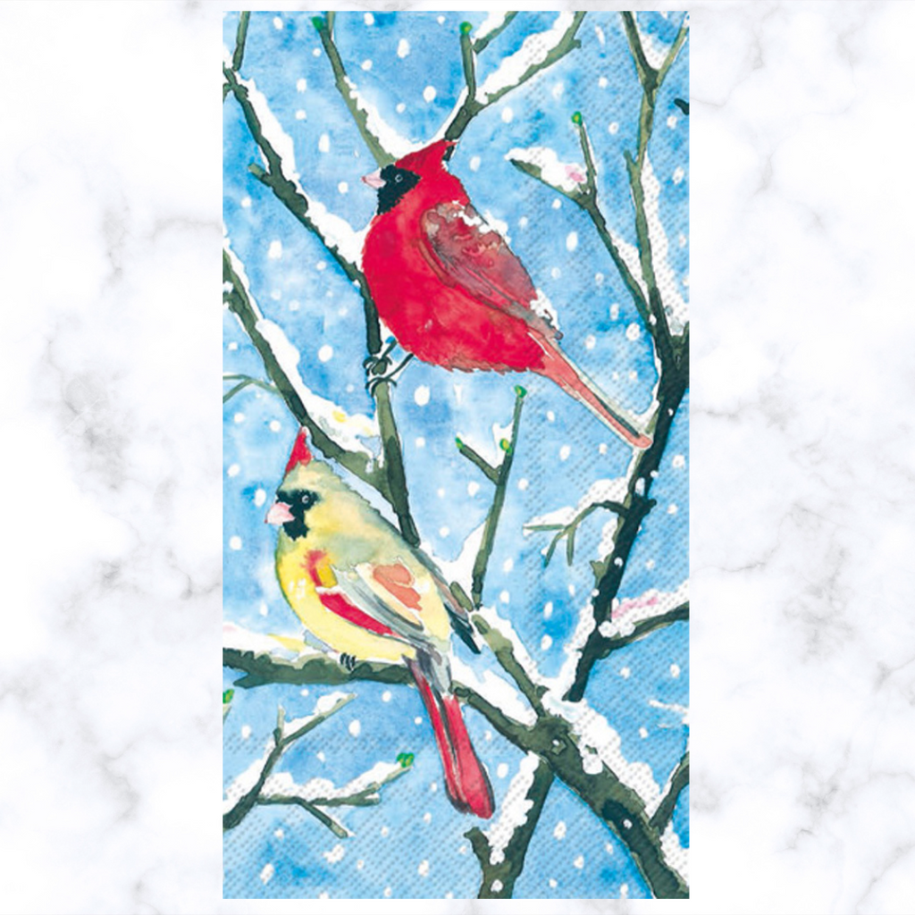 a red and yellow bird on snow covered branch Buffet Decoupage napkin