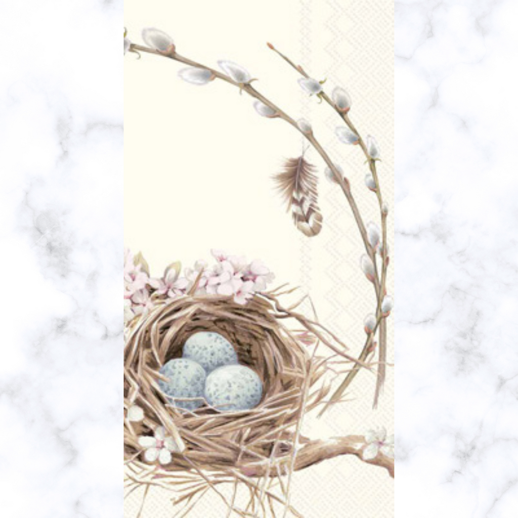 brown birds nest with blue speckled eggs with spring pink blossoms Buffet Decoupage napkins
