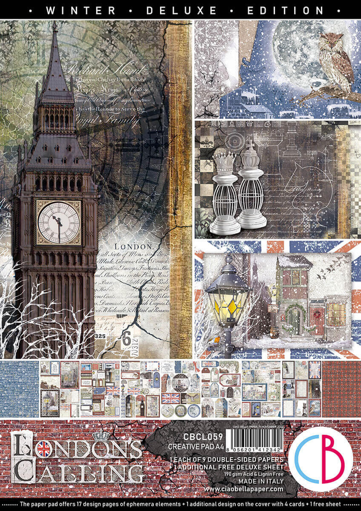 scenes of London at night with Big Ben , yellow lamps in white snow and chess pieces Ciao Bella  A4 Creative Pad for Decoupage and Mixed Media