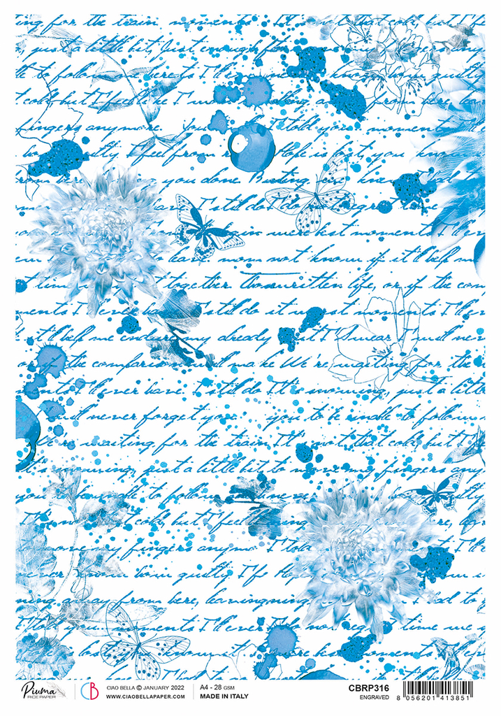 blue in script with blue blotches on white paper A4 Rice paper for Decoupage