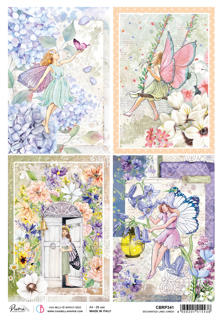 scenes of fairies and blue hydrangeas purples walls and green doors A4 Rice Paper for Decoupage 