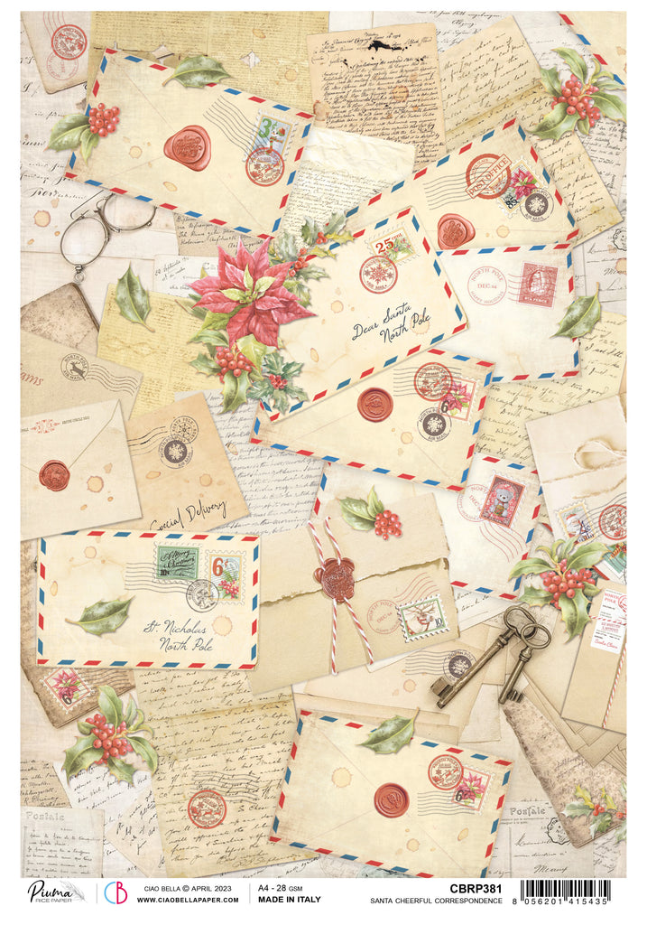 Collection of vintage Christmas letters and envelopes adorned with festive stamps, poinsettias, and sealing wax, interspersed with handwritten notes and antique keys. From Ciao Bella.