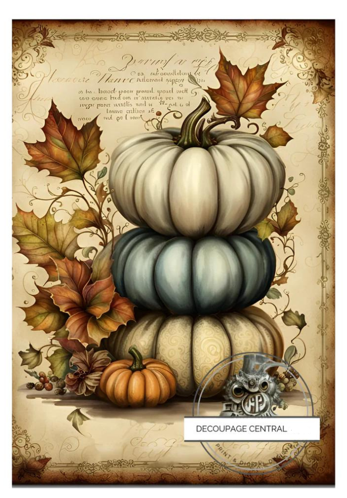 3 stacked pumpkins white, teal and beige with fall leavees. A4 size Decoupage Paper from Decoupage Central for DIY Crafts and mixed media art.