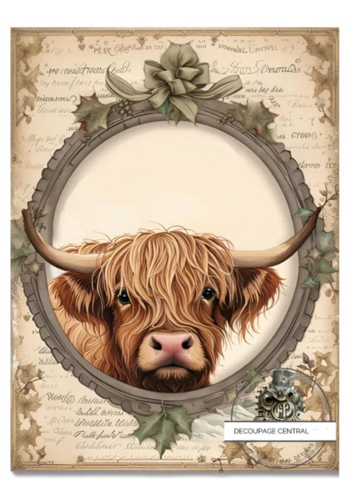 Highlander Cow in vintage frame. A4 size Decoupage Paper from Decoupage Central for DIY Crafts and mixed media art.