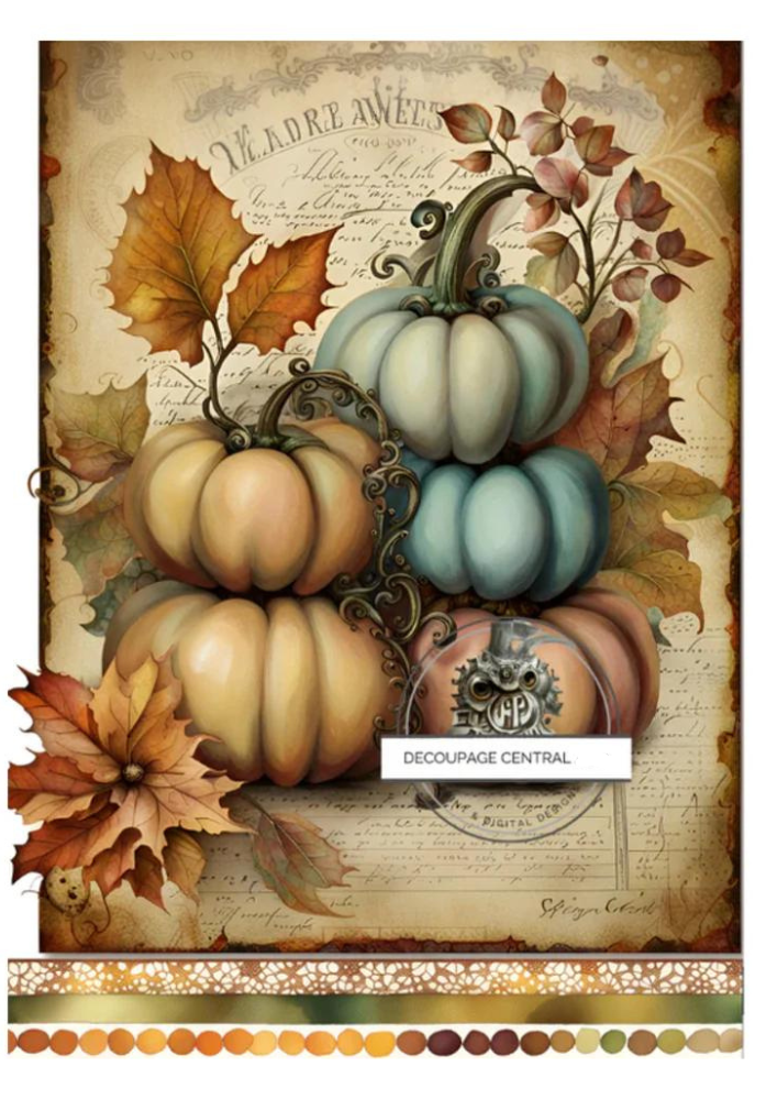 5 Orange and teal pumpkins scene. A4 size Decoupage Paper from Decoupage Central for DIY Crafts and mixed media art.
