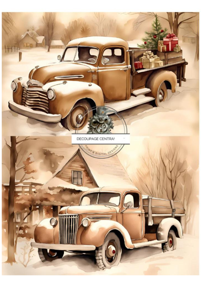2 vintage orange sepia trucks in country with snow. A4 size Decoupage Paper from Decoupage Central for DIY Crafts and mixed media art.