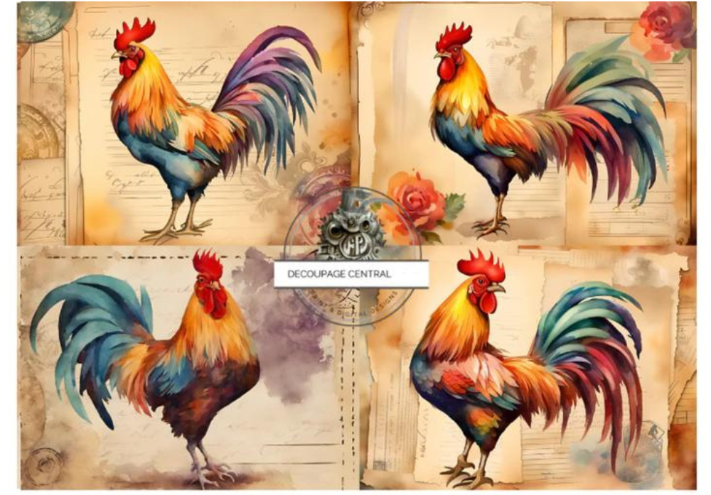 4 vibrant roosters in orange purple green hues. A4 size Decoupage Paper from Decoupage Central for DIY Crafts and mixed media art.